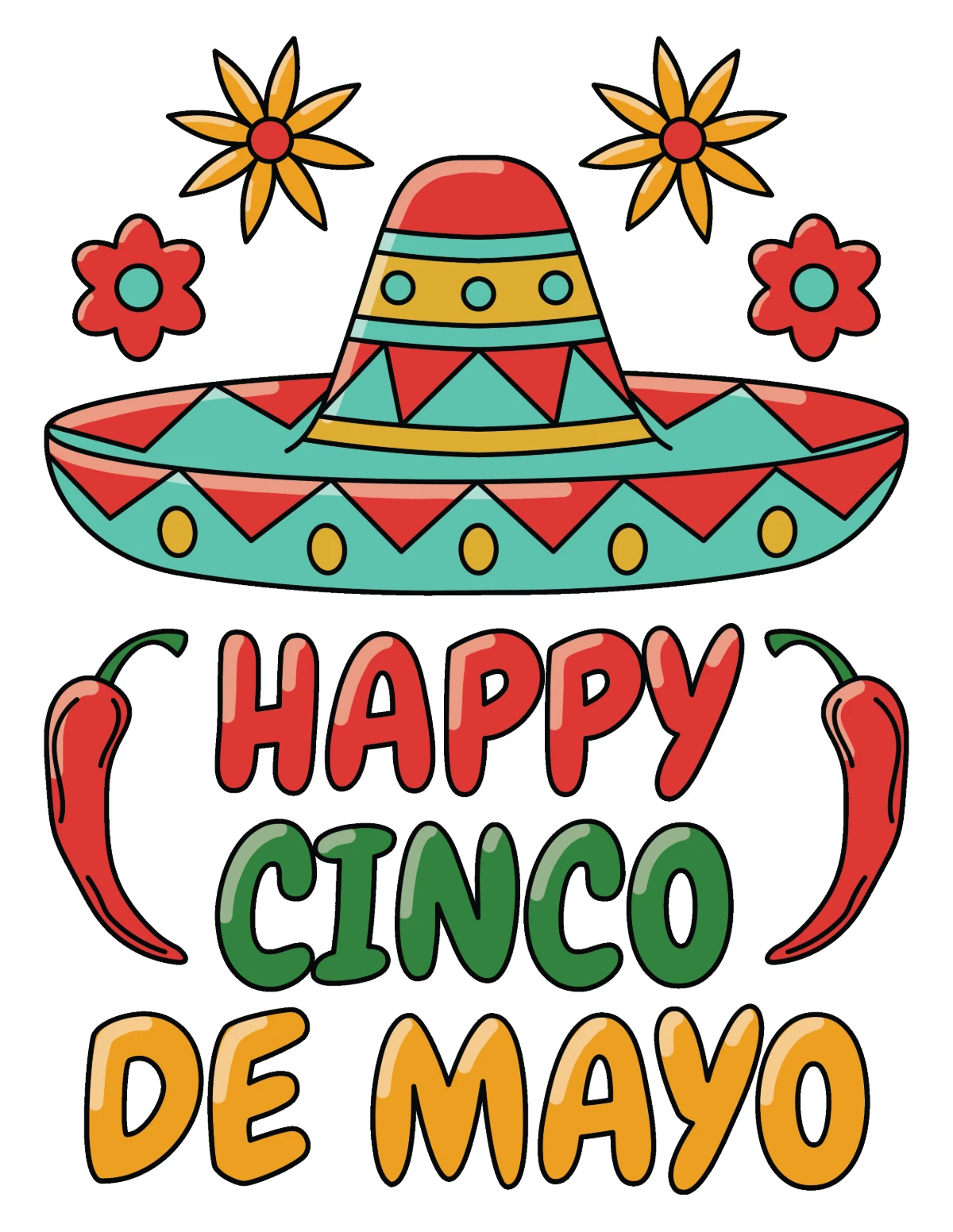 Happy Cinco de Mayo - Mexican Hat - Peppers and Flowers 🌶️🌸🎊 Coloring Page