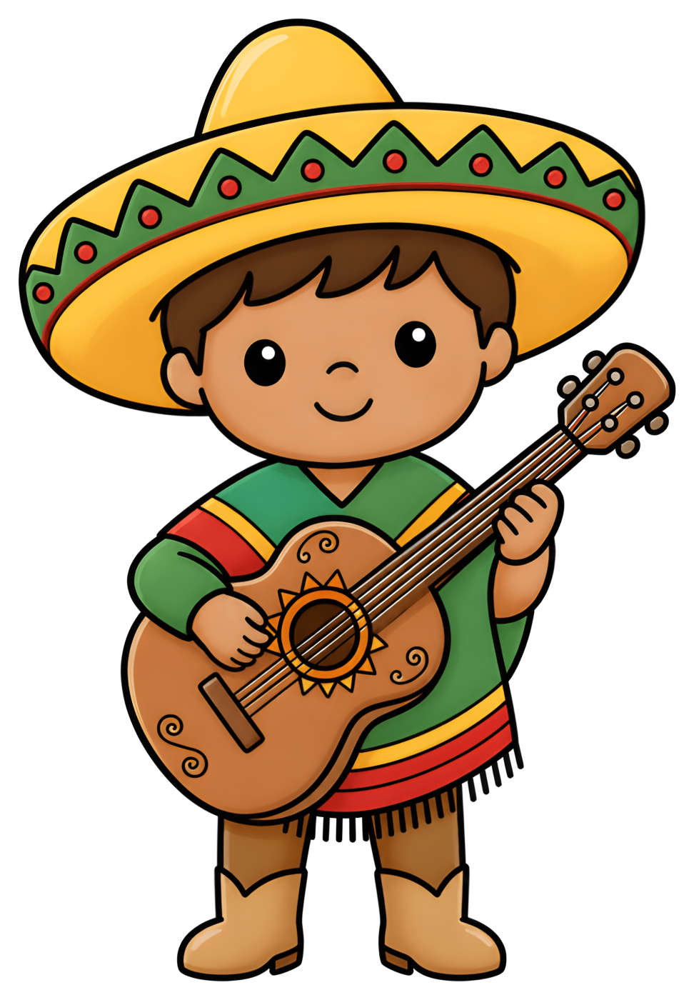Happy Mexican Boy Playing Guitar for Cinco de Mayo 🎶🎵🇲🇽 Coloring Page