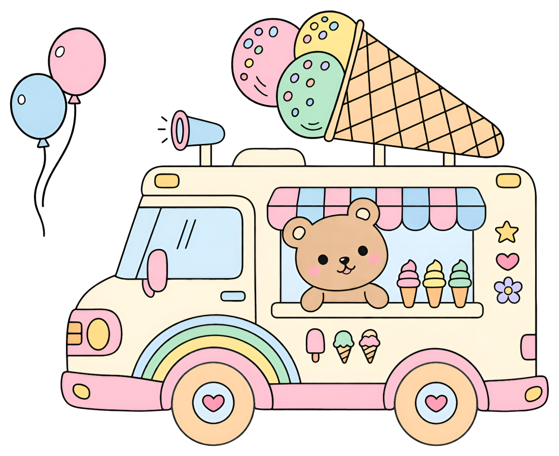 Ice Cream Truck with Cute Bear and Delicious Ice Cream 🍦🐻🚐 Coloring Page