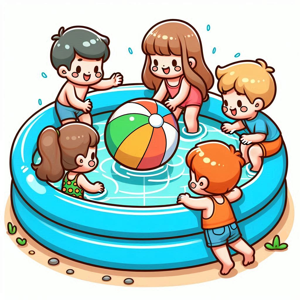 Kids Playing with Ball in Round Inflatable Pool 🏖️🏊‍♂️😊 Coloring Page