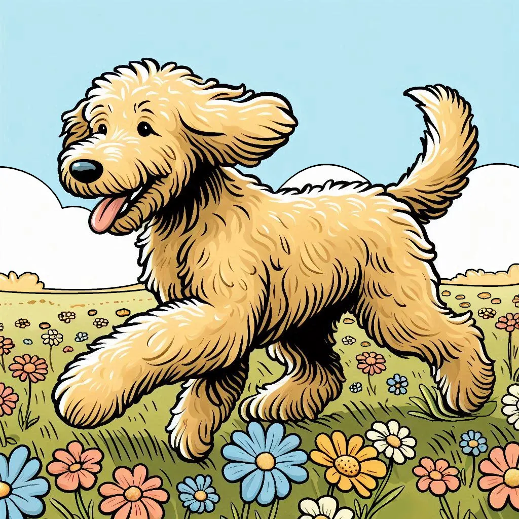 Labradoodle Dog Walking Happily in Field with Flowers 🌼🐶 Coloring Page