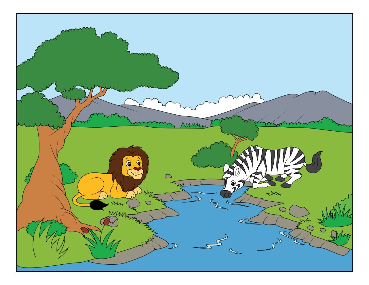 Lion and Zebra by the River in a Peaceful Savannah Landscape 🦁🦓 Coloring Page