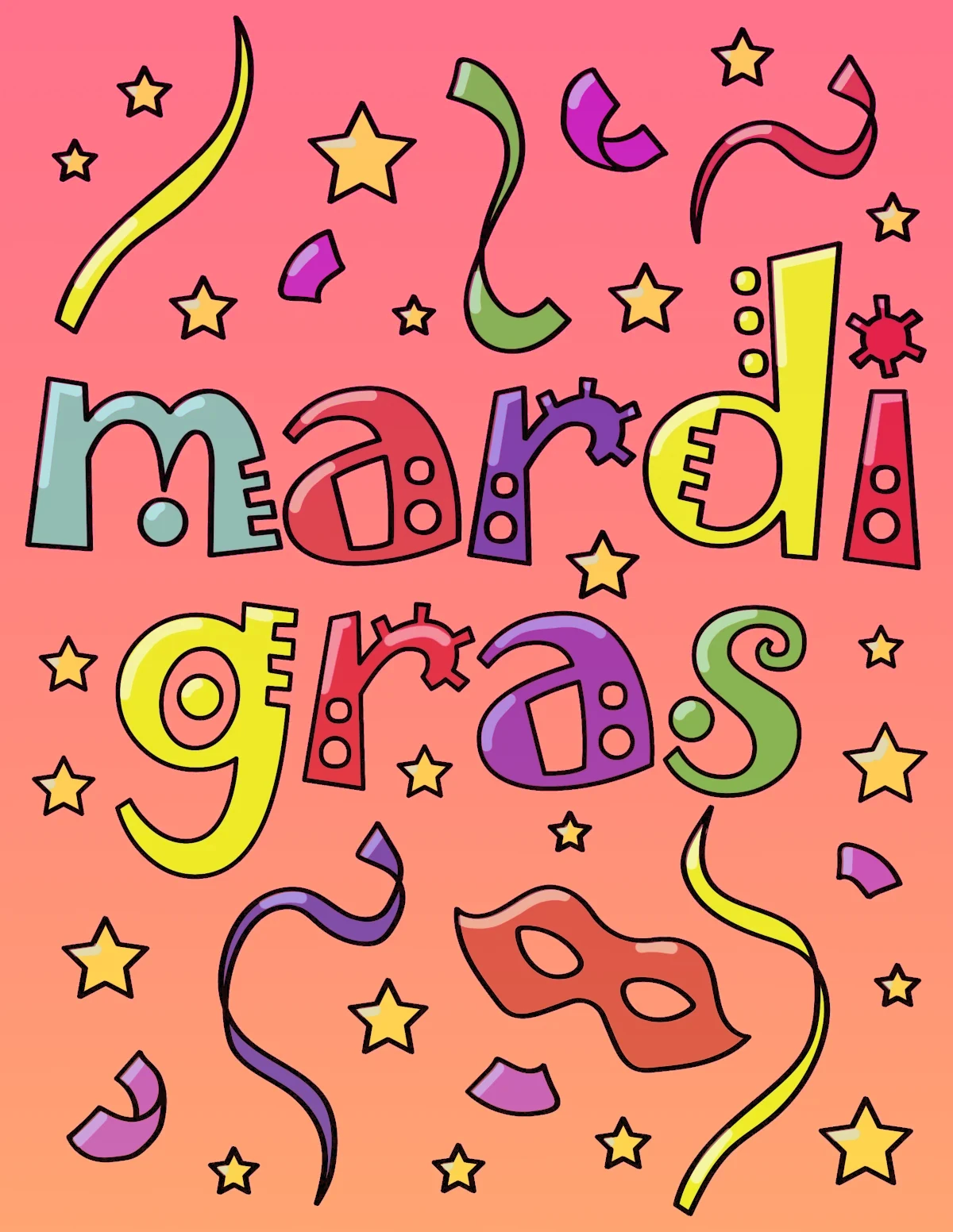 Mardi Gras Funny Text Surrounded by Mask, Streamers and Stars 🎭🎉🎊 Coloring Page