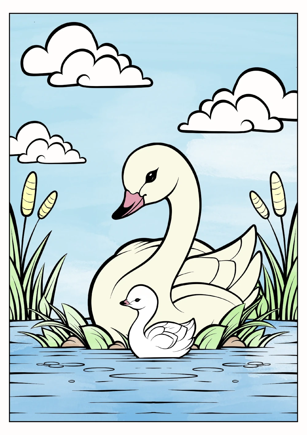 Mother Swan with Baby Swan on a Lake 🦢🌊👶 Coloring Page