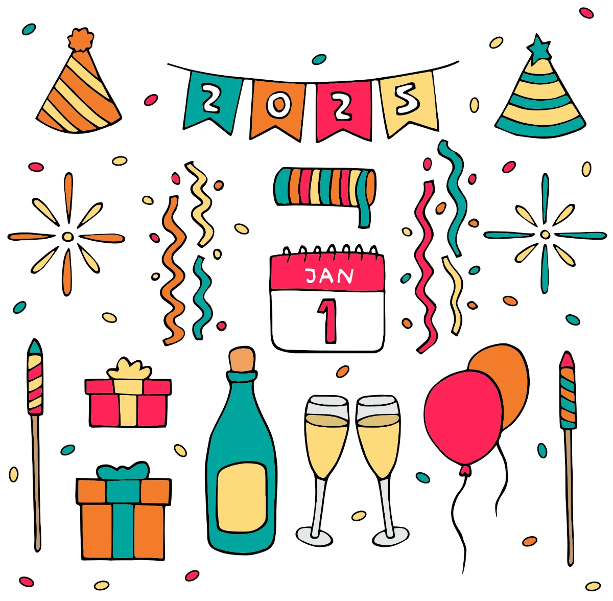 New Year 2025 Party Elements: Party Hats, Champagne, Balloons, Gifts, Fireworks, Streamers 🥳🎈🍾🎁🎇 Coloring Page