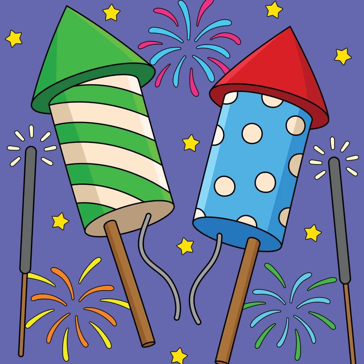 New Years Eve Fireworks Rockets and Sparklers 🎆🎇✨💥 Coloring Page