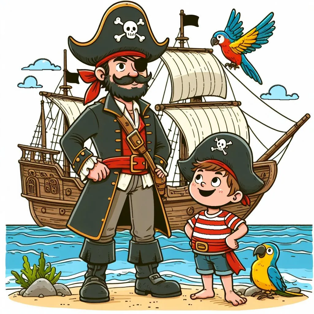 Pirate with Boy Standing in Front of Ship with Parrot 🏴‍☠️🦜👦 Coloring Page