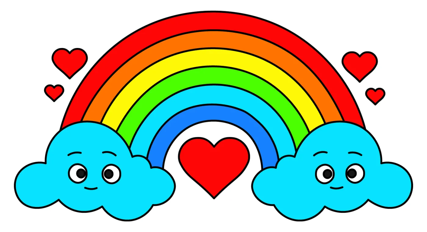 A cheerful rainbow with friendly clouds and a heart symbol 🌈💖😊 Coloring Page