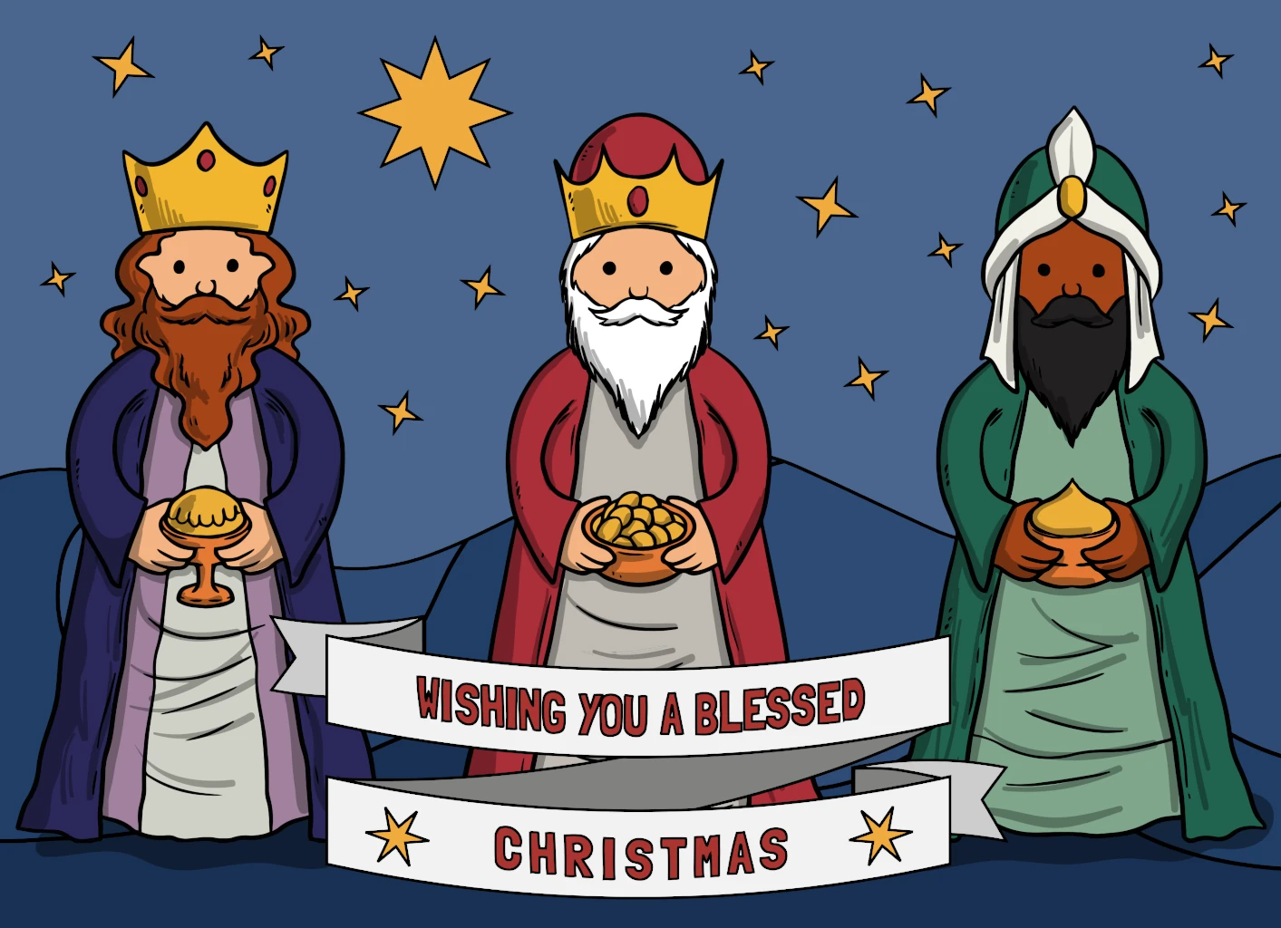 Reyes Magos Holding Gifts Wishing You a Blessed Christmas under the Starry Sky 🎄🌟🙏🎁 Coloring Page