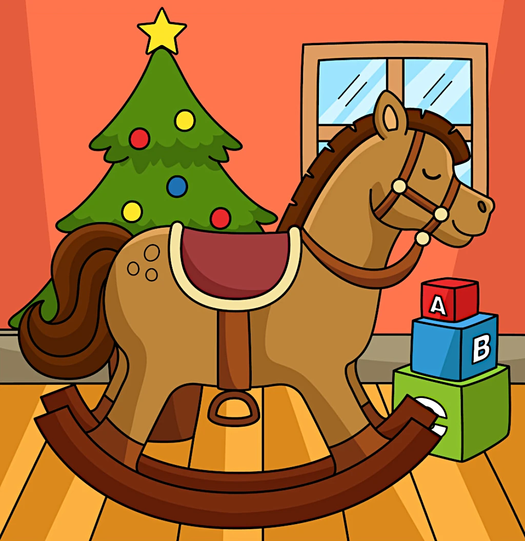 Rocking Horse with a Christmas Tree Behind It and Wooden Block Toys Featuring A, B, C in a Room with a Window 🎄🧸🎅🪑🎁 Coloring Page