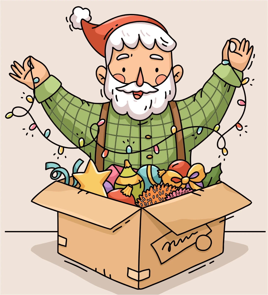 Santa Unpacking Box with Christmas Tree Decorations Holding Lights up 🎅🎄✨ Coloring Page