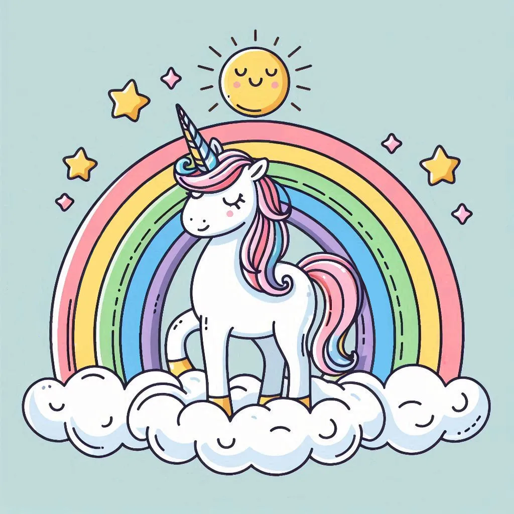 Cute Unicorn with Rainbow Clouds Sun and Stars 🦄🌈☀️⭐ Coloring Page