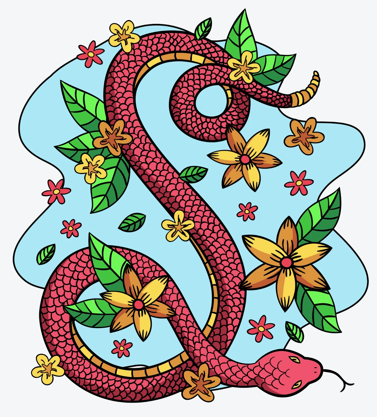 Snake with Flowers - Year of the Snake 🐍🌸🌿 Clipart Illustration
