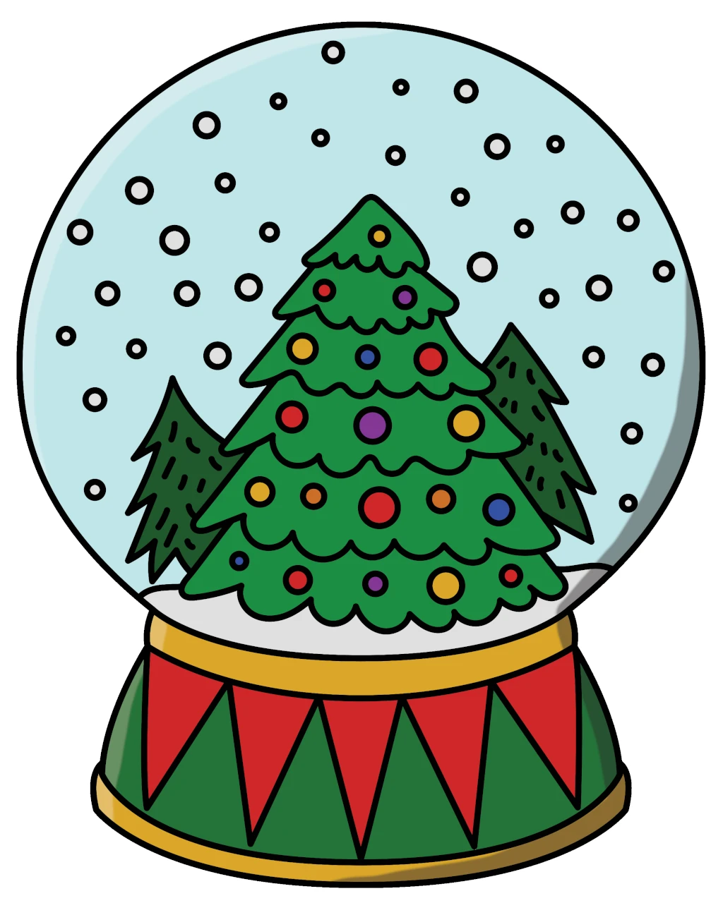 Snow Globe with Christmas Tree with Baubles, Pines and Snow ❄️🎄🌟 Coloring Page