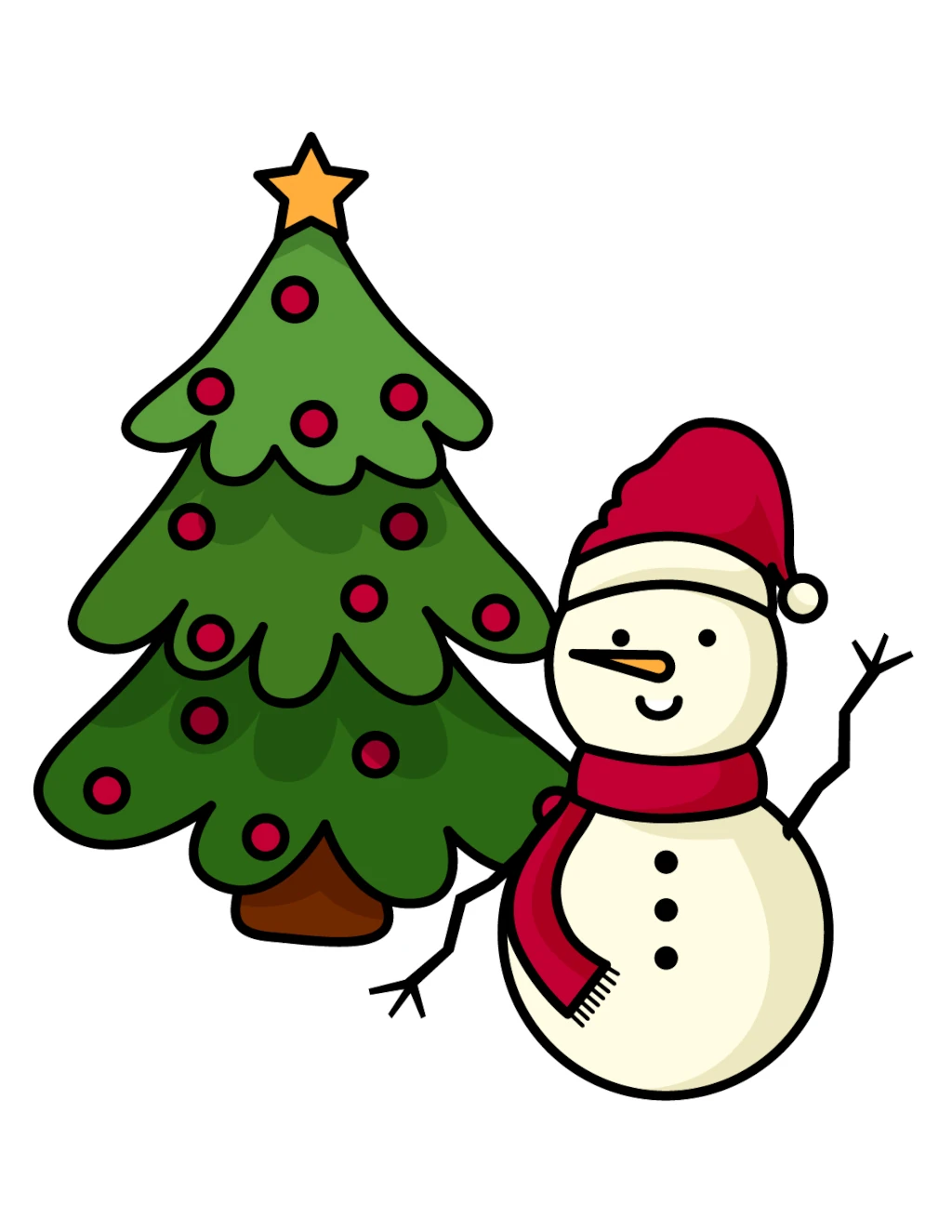 Snowman Waving with Christmas Tree Behind ☃️🎄❄️✨ Coloring Page