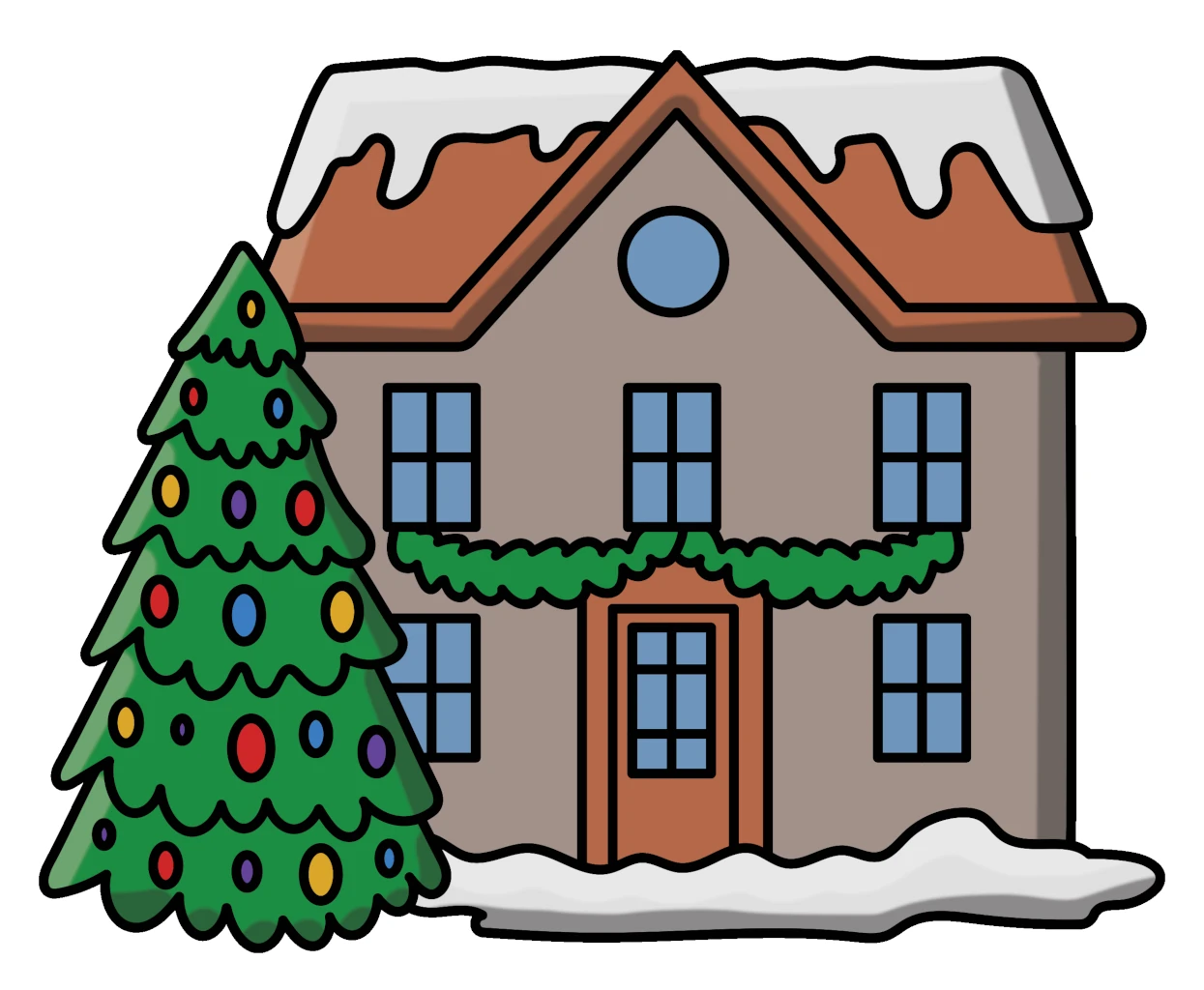 Snowy Mansion with Outdoor Christmas Tree 🎄🏡❄️ Coloring Page