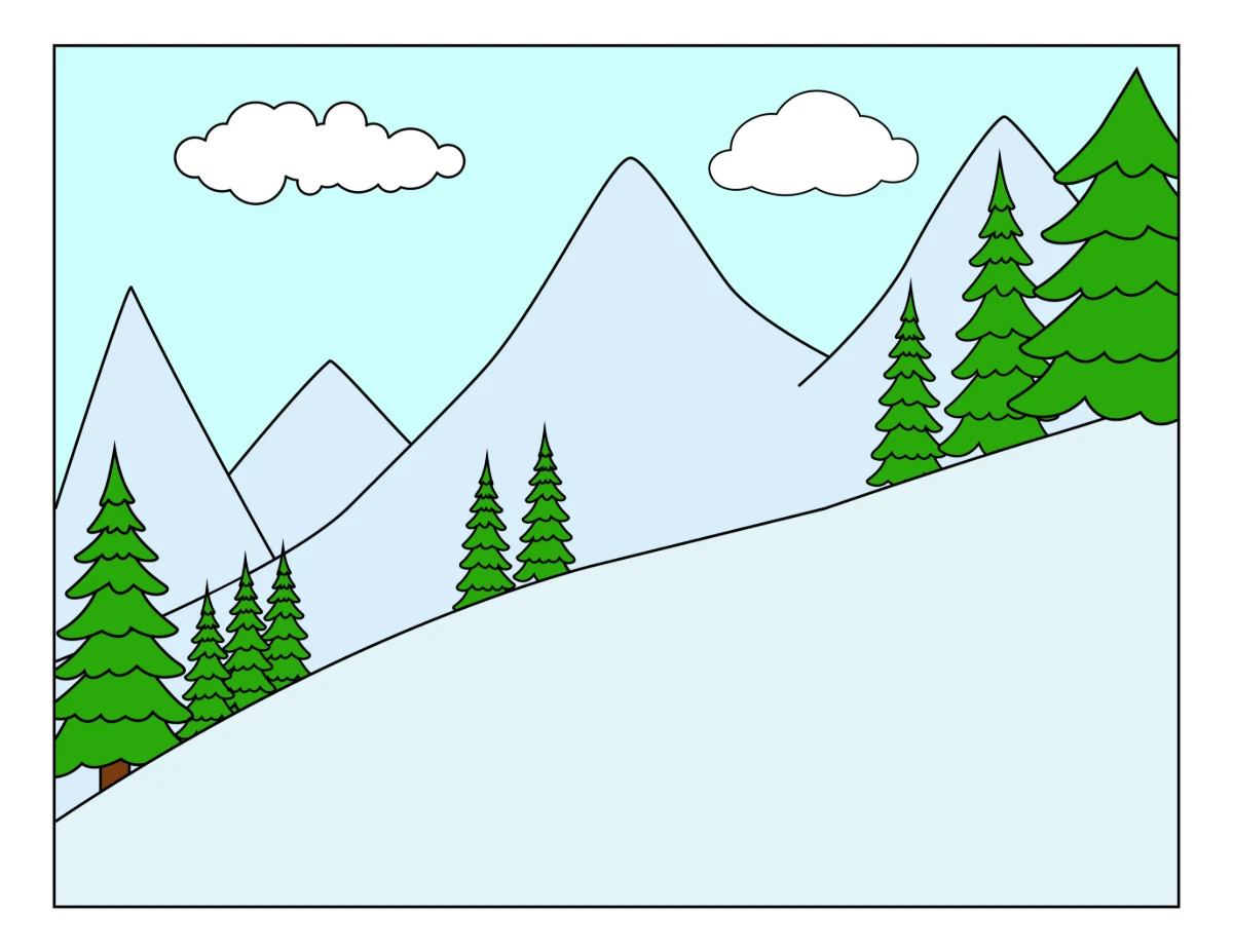 Snowy Mountain Landscape with Evergreen Trees and Puffy Clouds in a Clear Sky ❄️🏔️🌲☁️✨ Coloring Page