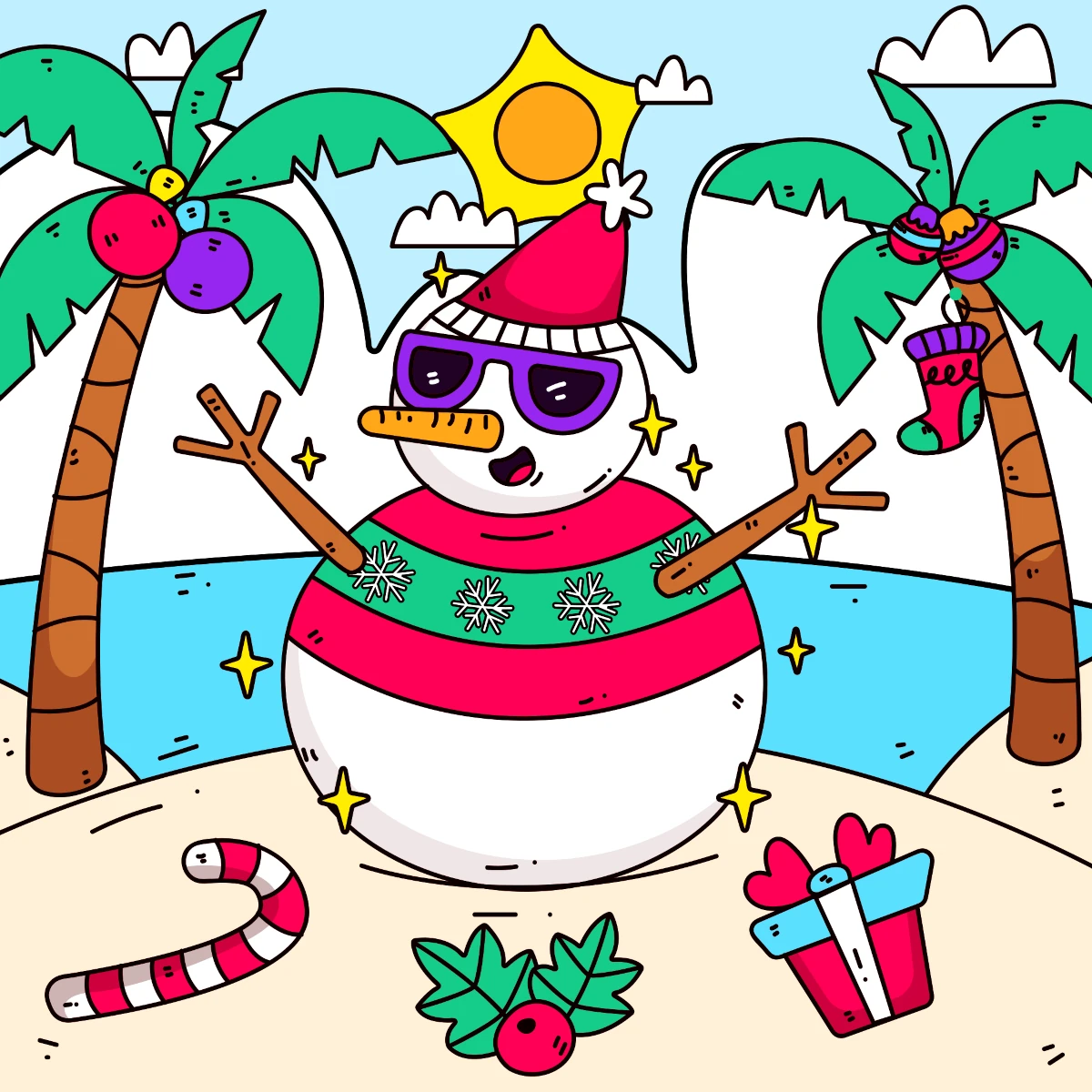 Summer Christmas Snowman on Beach with Palm Trees and Decoration 🏖️⛄🎁🌴 Coloring Page