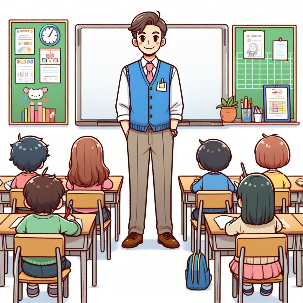 Teacher Standing in Classroom with Kids 📚👨‍🏫👓 Coloring Page