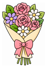 Adorable Bouquet of Flowers with a Pretty Pink Rose and White Daisies 🌸🌺🌼 Colored Example