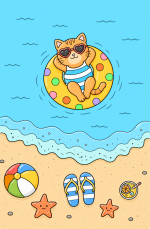 Adorable Cat Floating on a Beach Ring with Sunglasses 🐱🏖️ Colored Example