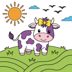 Adorable Cow with Bow on Head in Green Field 🐄🌿🌞 Colored Example