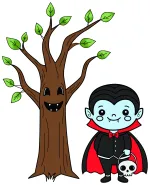 Adorable Kid Dressed as Vampire with Friendly Tree 🧛‍♂️🌳🎃 Colored Example