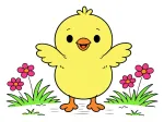 Adorable Little Chick with Open Wings in a Flowery Field 🐥🌸🌿 Colored Example
