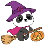 Adorable Panda Witch Flying on Broom with Pumpkin 🧙‍♀️🎃🐼 Colored Example