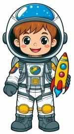 Boy Dressed as Astronaut in Suit Smiling and Holding Toy Rocket 🌌🚀👨‍🚀 Colored Example