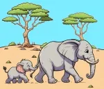 Baby Elephant Holding Mother Elephant by the Tail Walking in African Savannah 🐘👶🏞️ Colored Example
