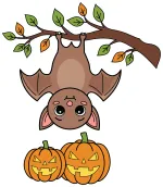 A playful bat hanging upside down from a branch above two smiling jack-o