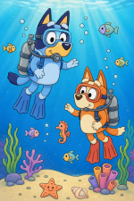 Bluey and Bingo Underwater Scuba Adventure 🌊🐠🤿 Colored Example