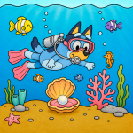 Bluey Diving Underwater with Sea Friends 🌊🐠🐚 Colored Example
