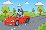 Bluey Driving a Sports Car on a Country Road 🐕🚗🌳 Colored Example