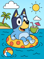 Bluey Floating on the Sea with Coconut Drink 🐕🌊🍹 Colored Example