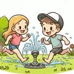 Boy and GIrl Playing Water Sprinkler in Summer ☀️💧👦👧 Colored Example