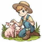 Farmer Boy with Hat Carressing Two Piglets Baby Pigs 🐷👦🌾 Colored Example