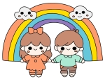 A Boy and a Girl Standing in Front of a Rainbow and Two Cute Fluffy Clouds 🌈👧👦☁️ Colored Example