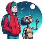 Boy Looking Up Standing Next to E.T. the Extra-Terrestrial Pointing at the Sky 🌌👦👽 Colored Example