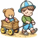 Boy Pulling Wooden Wagon with Teddy Bear 🧸🚂🎩 Colored Example