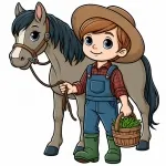 Boy with Hat Holding Horse and Basket of Grass 🐴👦🌾 Colored Example