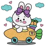 Bunny Riding in a Carrot Car – Cute and Funny Rabbit Driving 🐰🥕🚗☁️💕 Colored Example
