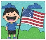 Cartoon boy cheerfully holding an American flag with stars and stripes, proudly celebrating Independence Day. A heartwarming image of patriotism and joy. 🇺🇸🧒🎇✨ Colored Example