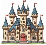 Castle with Towers with Flags and Wooden Door 🏰🚩🚪 Colored Example