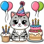 Cat with Birthday Cake Cupcake and Balloons 🎂🐱🎈 Colored Example