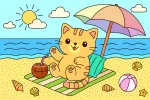 Cat Relaxing on Beach with Sun and Sea 🐱☀️🏖️ Colored Example
