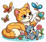 Cat with Kitten Playing with Butterflies 🐱🦋🌸 Colored Example