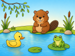 Cheerful Beaver, Duckling and Frog by the Pond 🦦🦆🐸 Colored Example