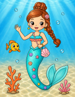 Cheerful Little Mermaid Exploring the Ocean 🧜‍♀️🐚🌊 Colored Example
